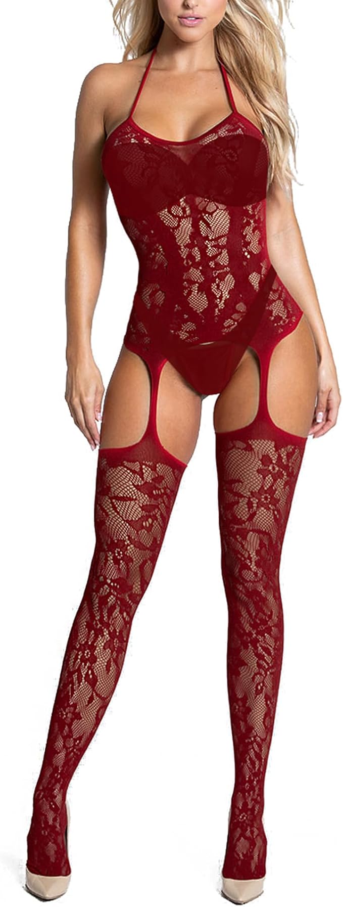 Sly Fashion Women Fishnet Bodystocking Attached Stockings Sexy Lingerie Crotchless Bodysuit One Piece Babydoll One Size